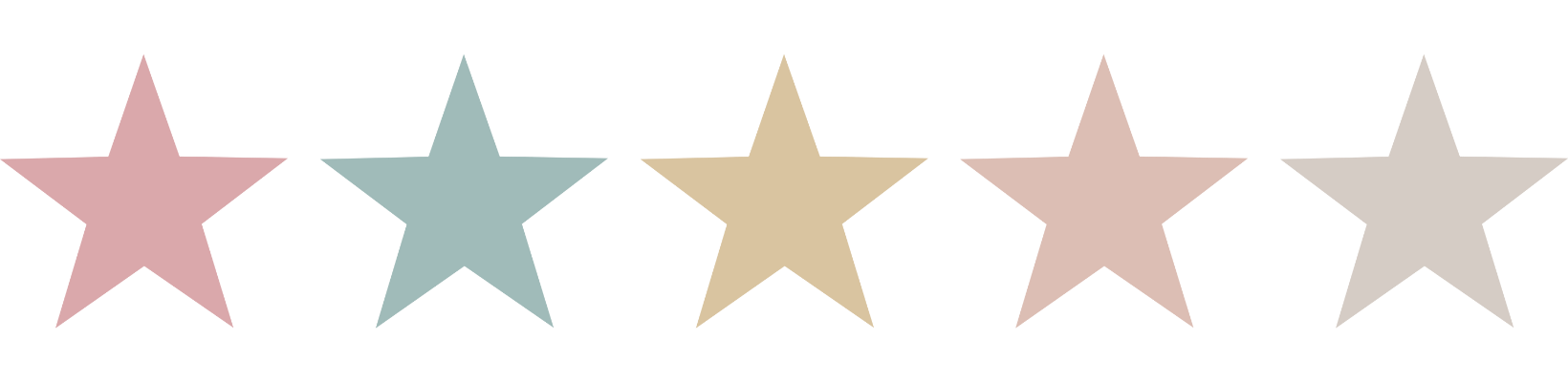 Five star-shaped stickers in pastel colors arranged horizontally.