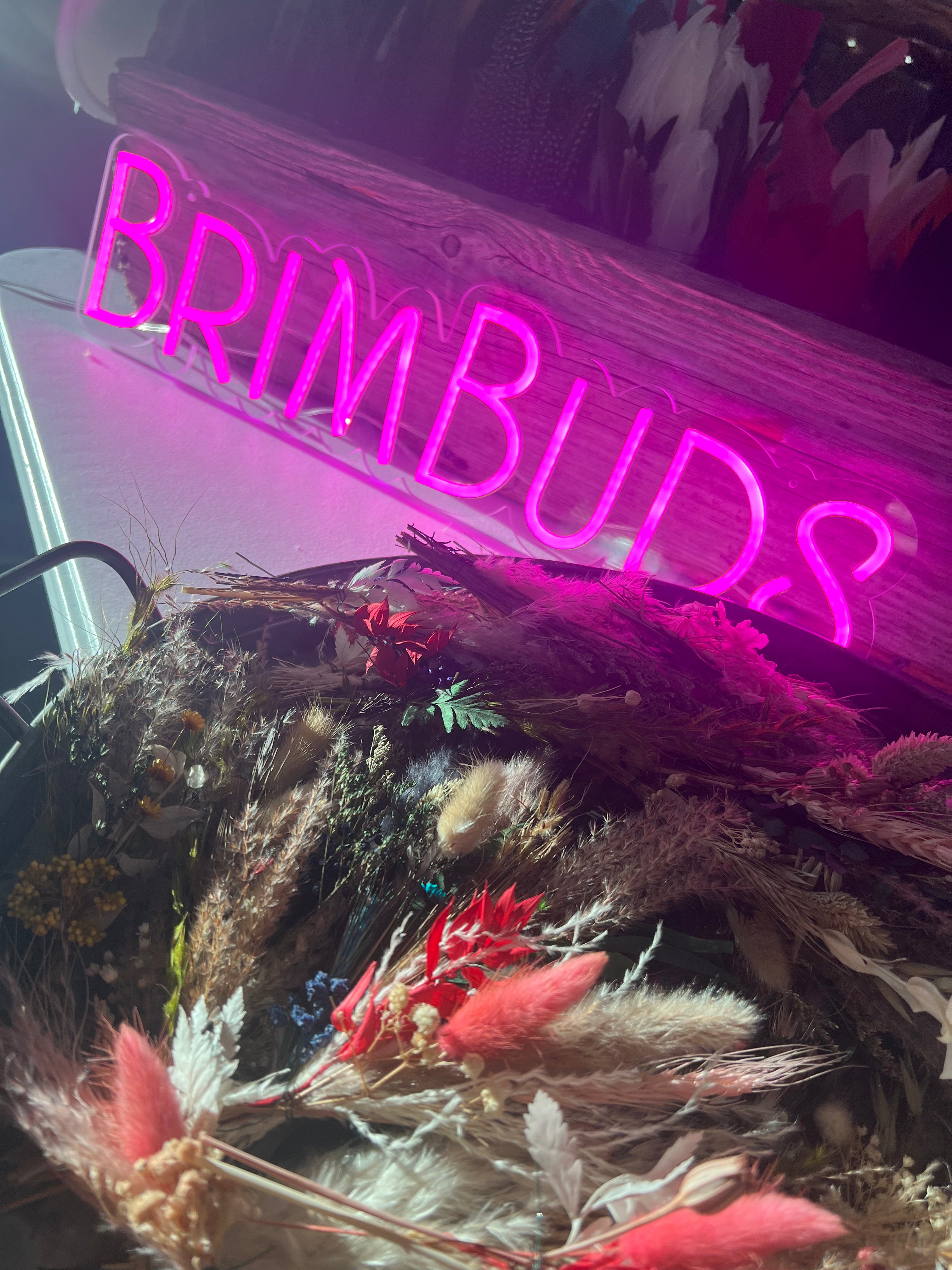 Neon sign with 'BRIMBUDS' in pink above dried flowers and plants.