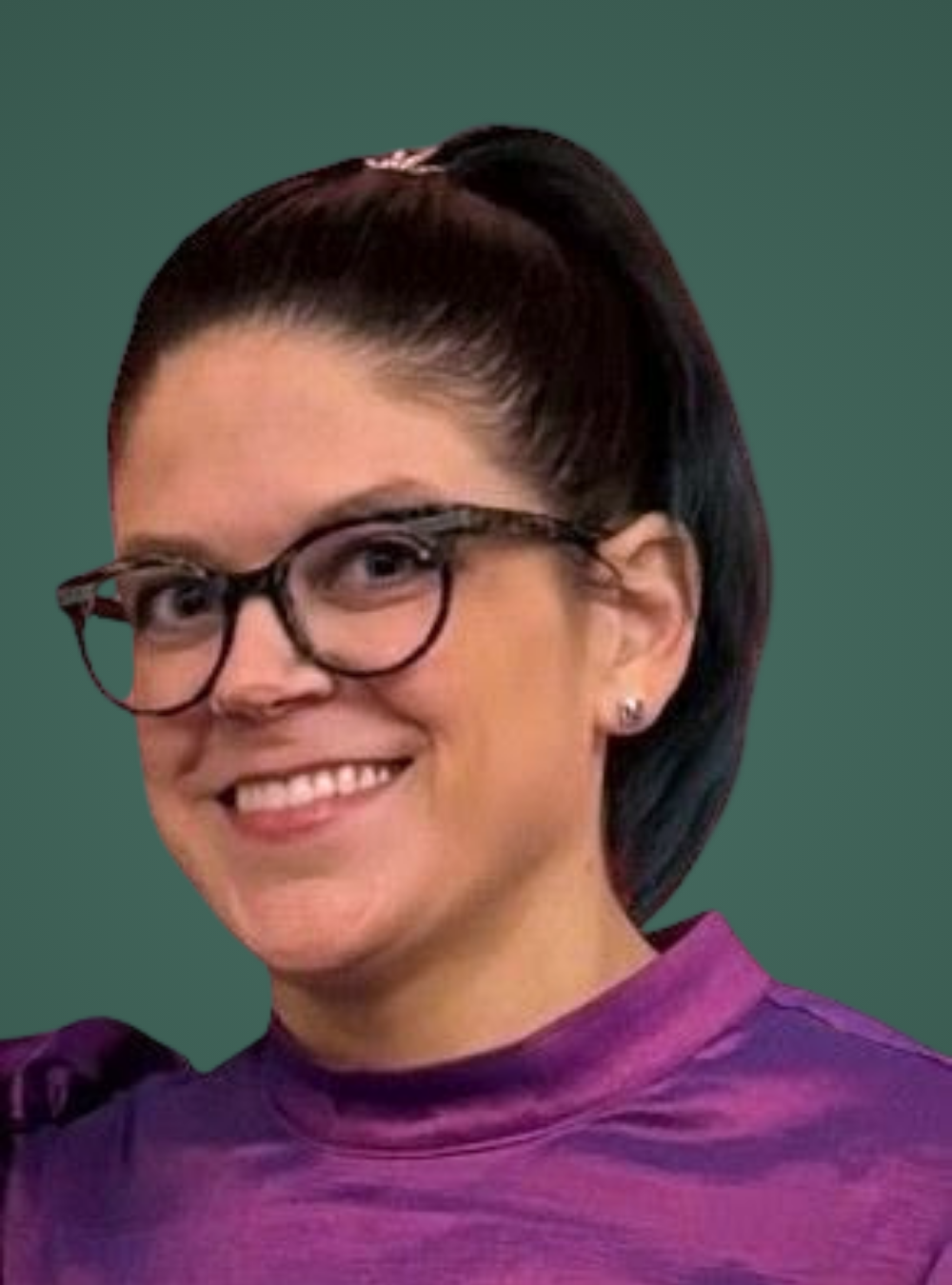 Person wearing glasses and a purple shirt against a green background